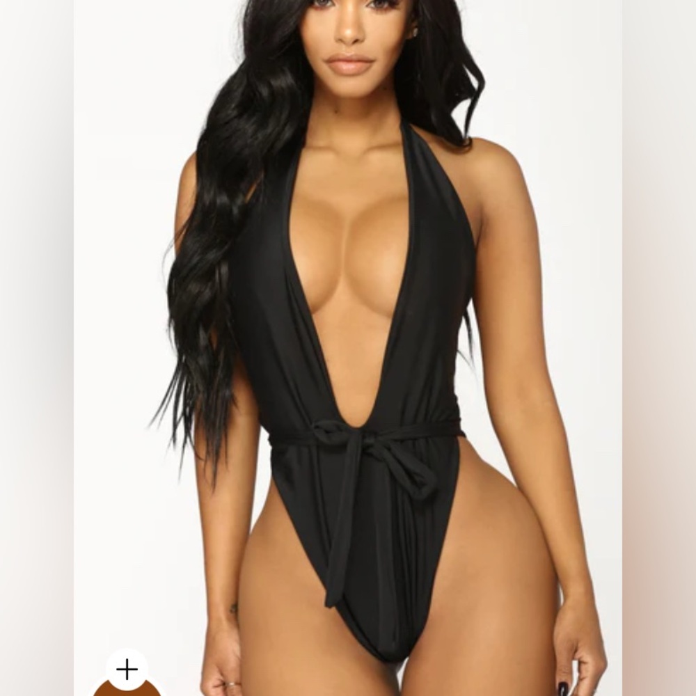 Black Deep V Halter One-Piece Swimsuit - Women Swim - Picture 3 of 6